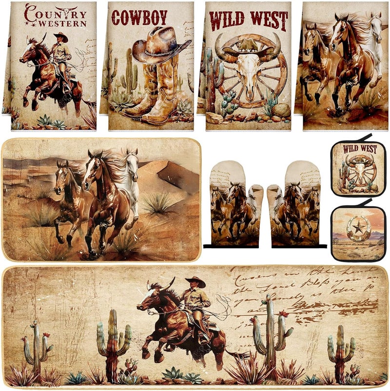 Fourluoo 10 Pcs Western Cowboy Kitchen Decor Oven Mitts and Pot Holders Set Western Cowboy Kitchen Accessories Vintage Dish Towels Farmhouse Rugs and Mats for Home Cooking Baking Housewarming Gifts - Image 1
